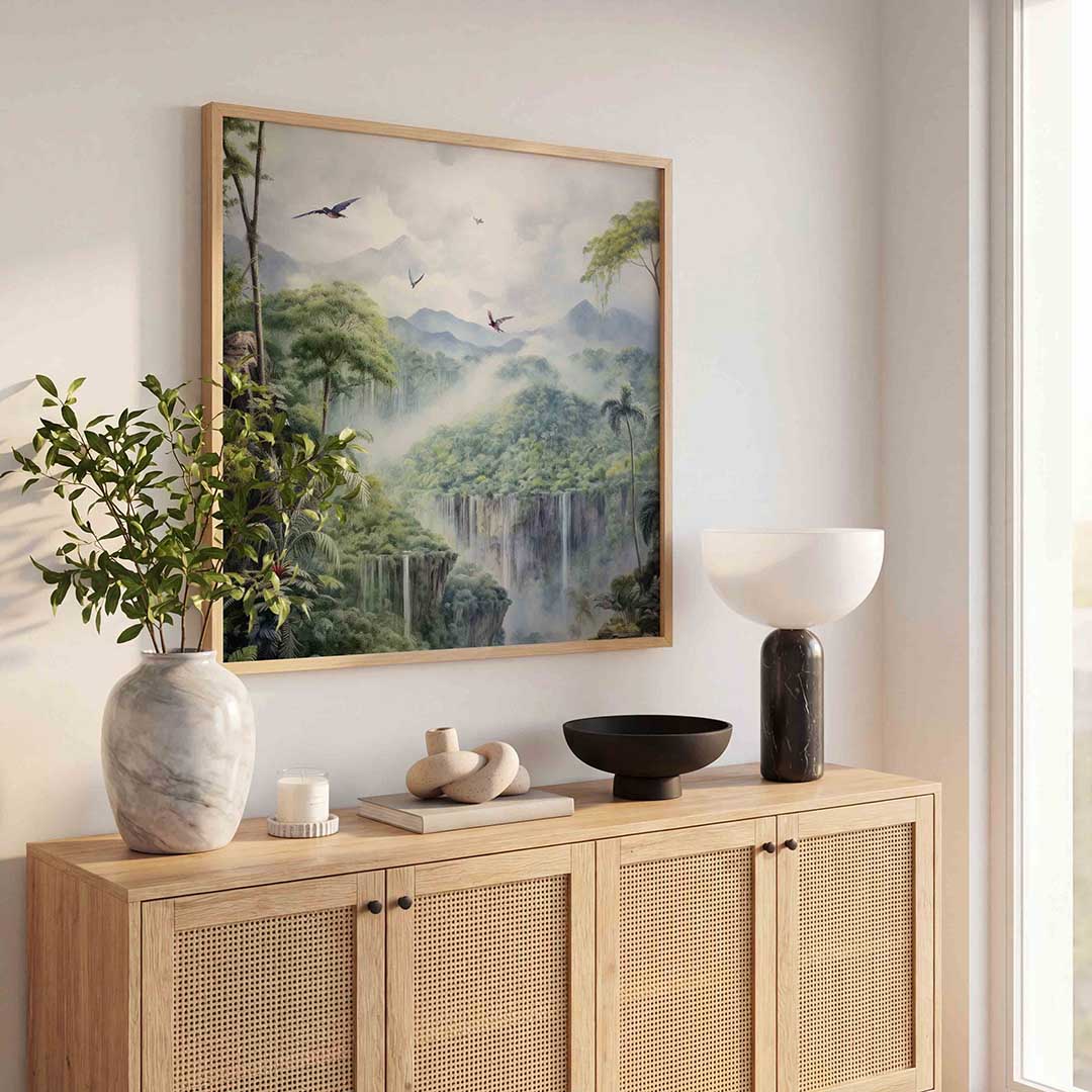 Vliegende vogels boven waterval – tropische poster in vierkant formaat