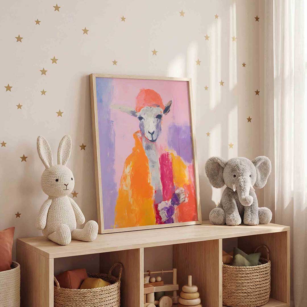 Schaap met oranje muts – staande kinderkamer wanddecoratie van WallArtistic
