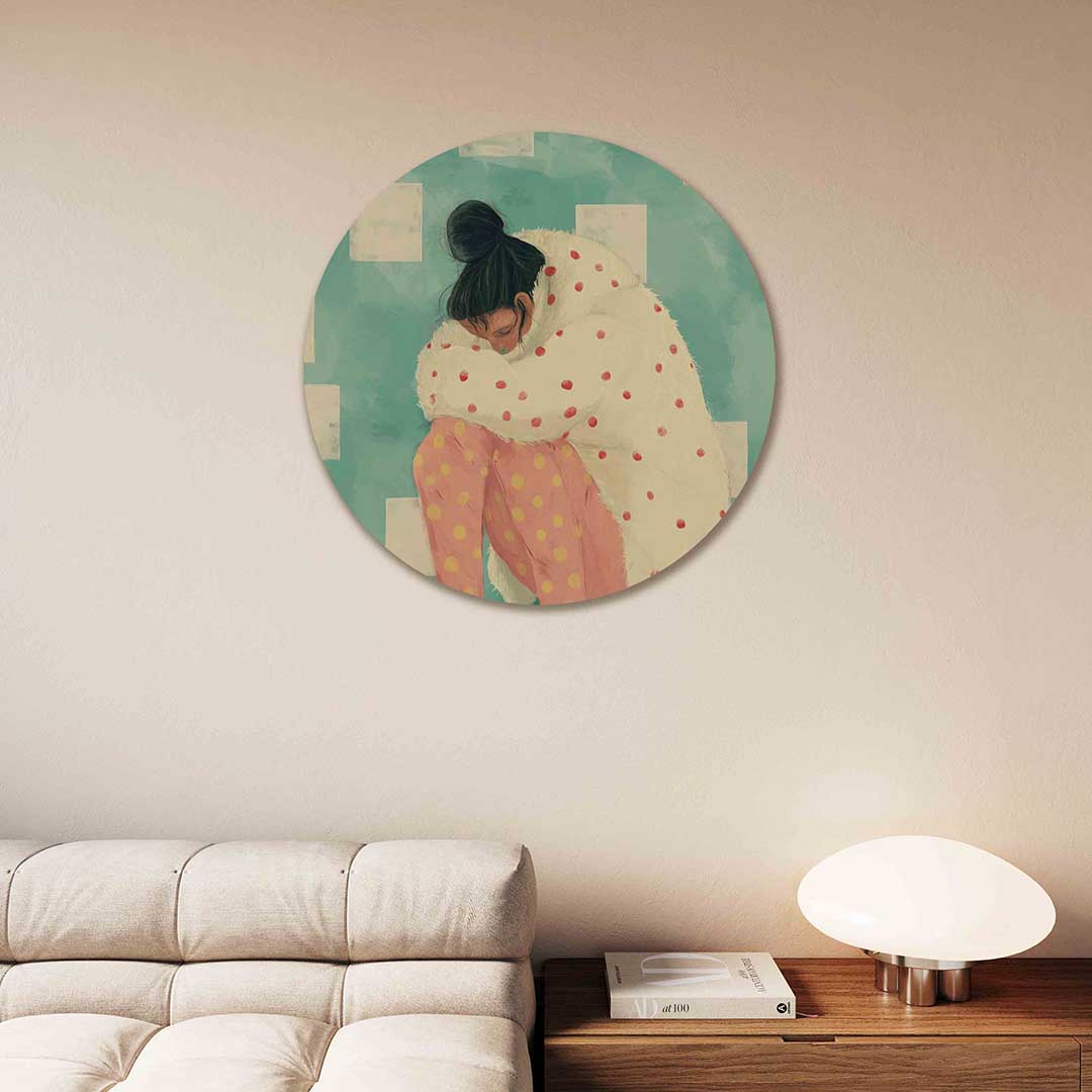 Vrouw met stippen – moderne abstracte muurcirkel voor aan de muur