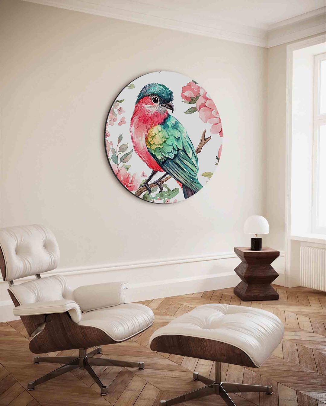 Vogel en bloemen – kleurrijke ronde wanddecoratie van WallArtistic