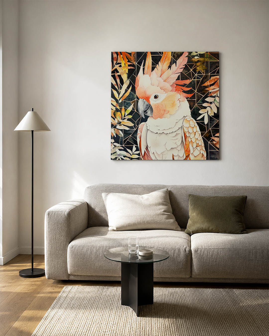 Vrolijke vogel kunstwerk – detailweergave – dit kunstwerk toont een kleurrijke vogel met levendige oranje en beige tinten