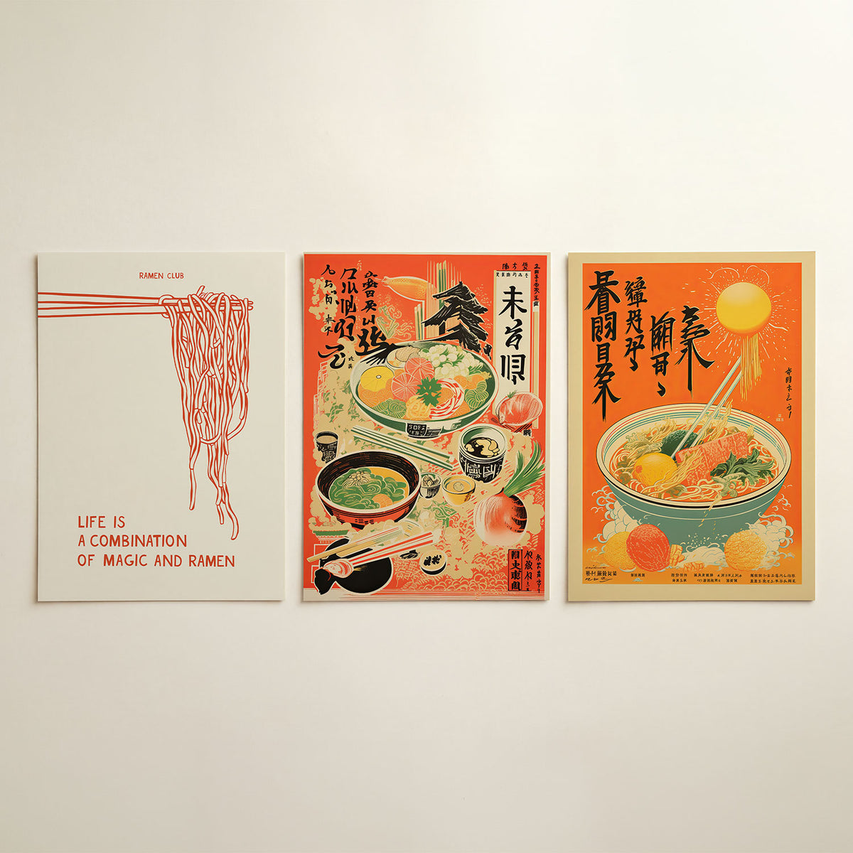 Noodle lijnen driedelige posterset in interieur