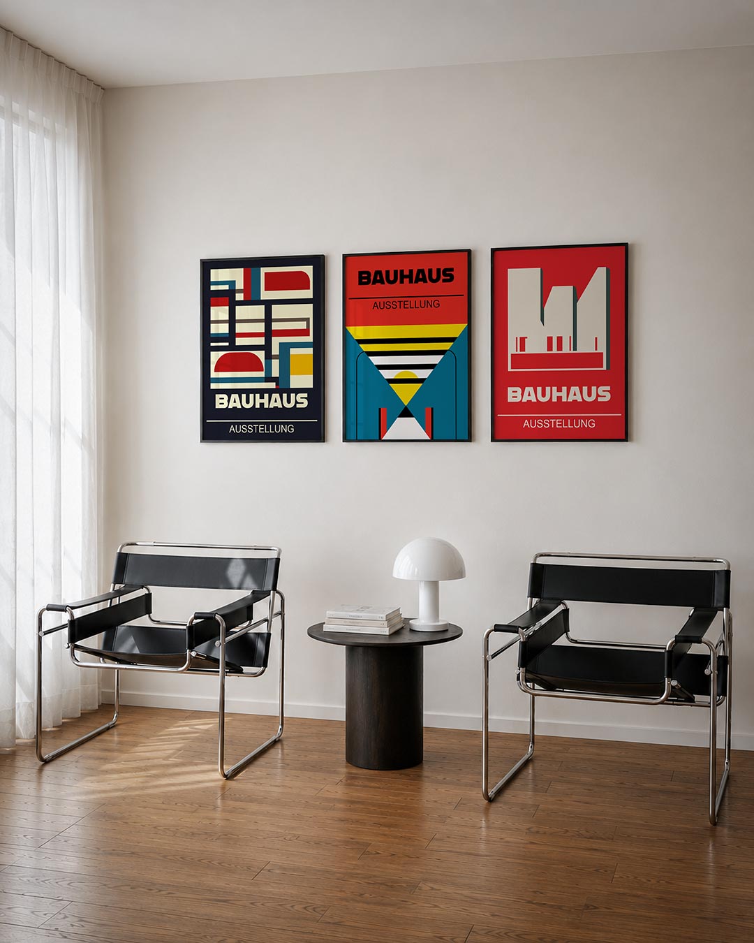 Kleurvlakken en lijnen driedelige posterset – deze posterset in drie delen toont een dynamisch lijnenspel met rechthoeken en