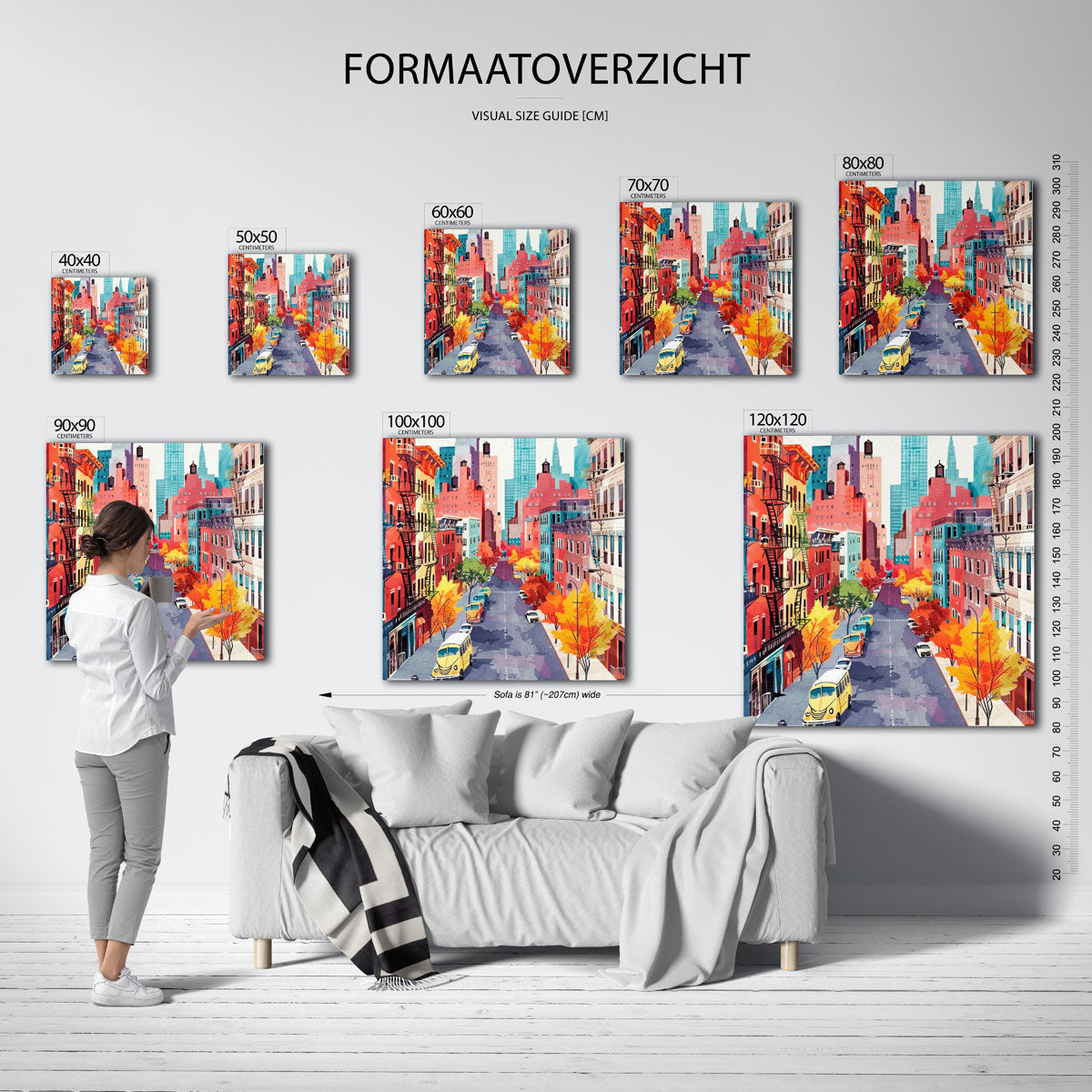 Stadsgezicht met herfstbomen – vierkante muurposter met kleurrijke illustratie