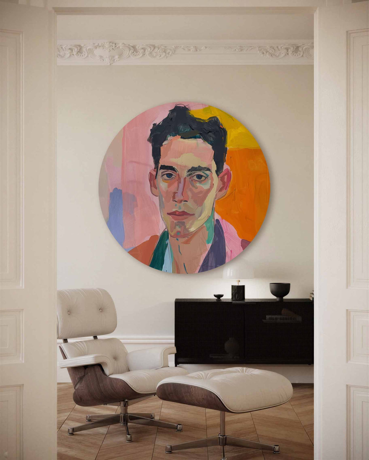 Portret in levendige kleuren – muurcirkel met kleur en vormen voor aan de muur
