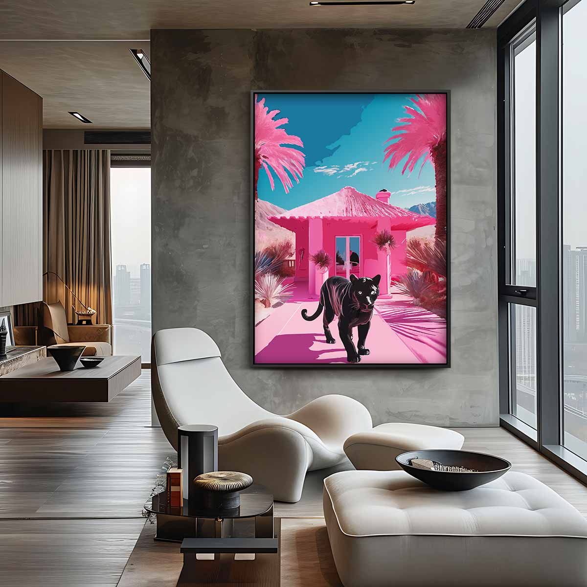 Panther in een Roze Paradijs – staande wandkunst voor woonkamer of interieur