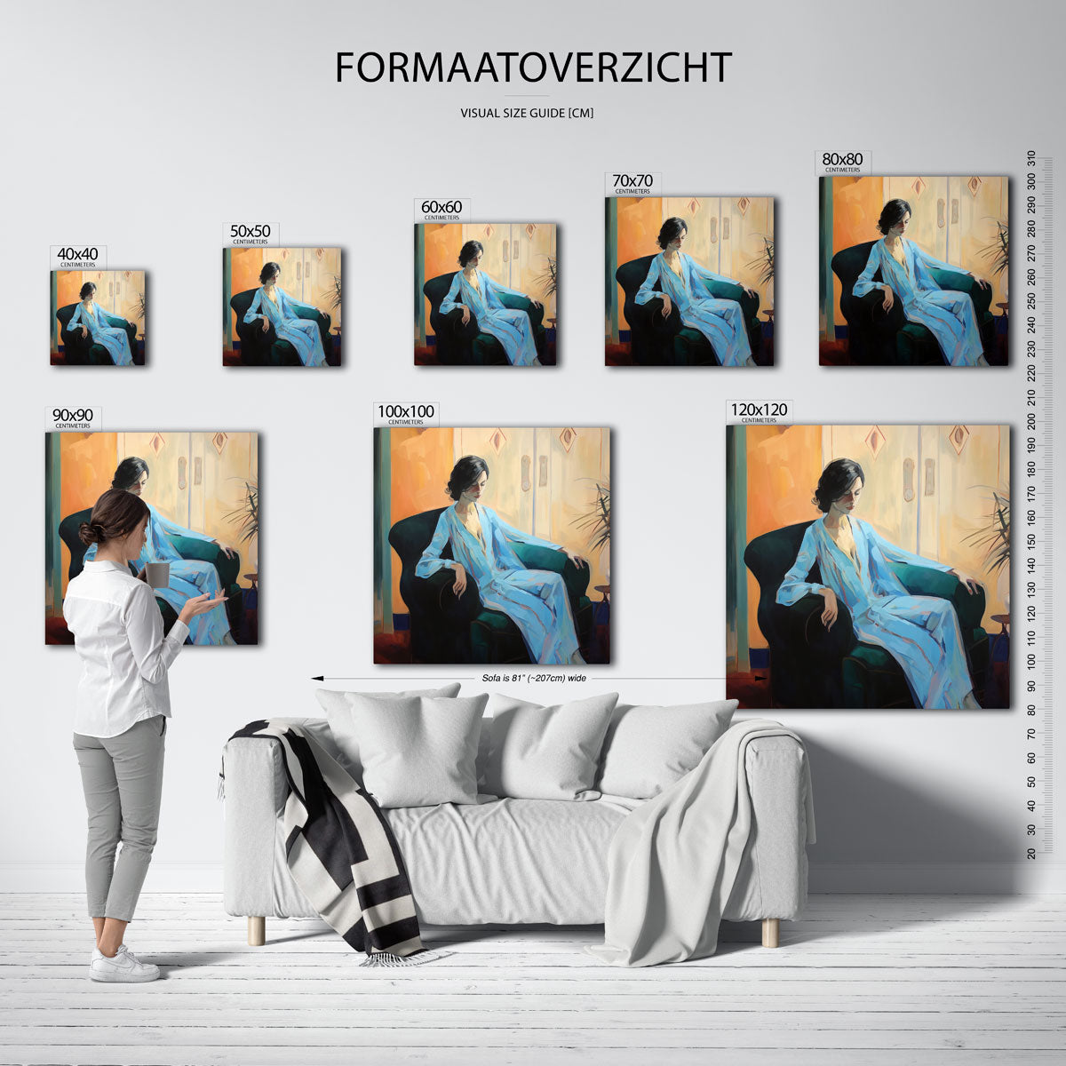 Vrouw in blauwe jurk – vierkante muurposter met vrouwelijk portret