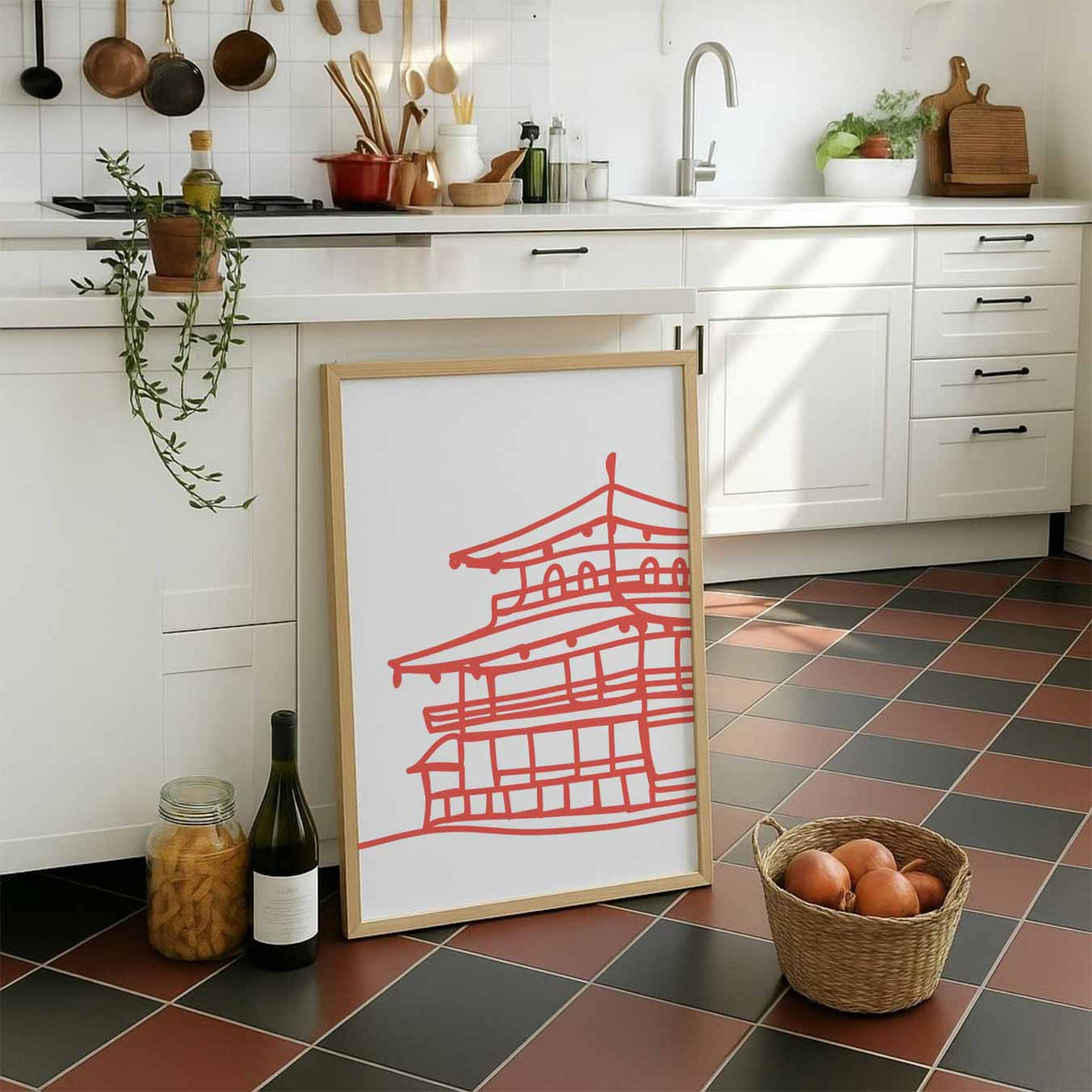 Sierlijke Japanse Tempel Tekening – staande muurposter met zomerse uitstraling