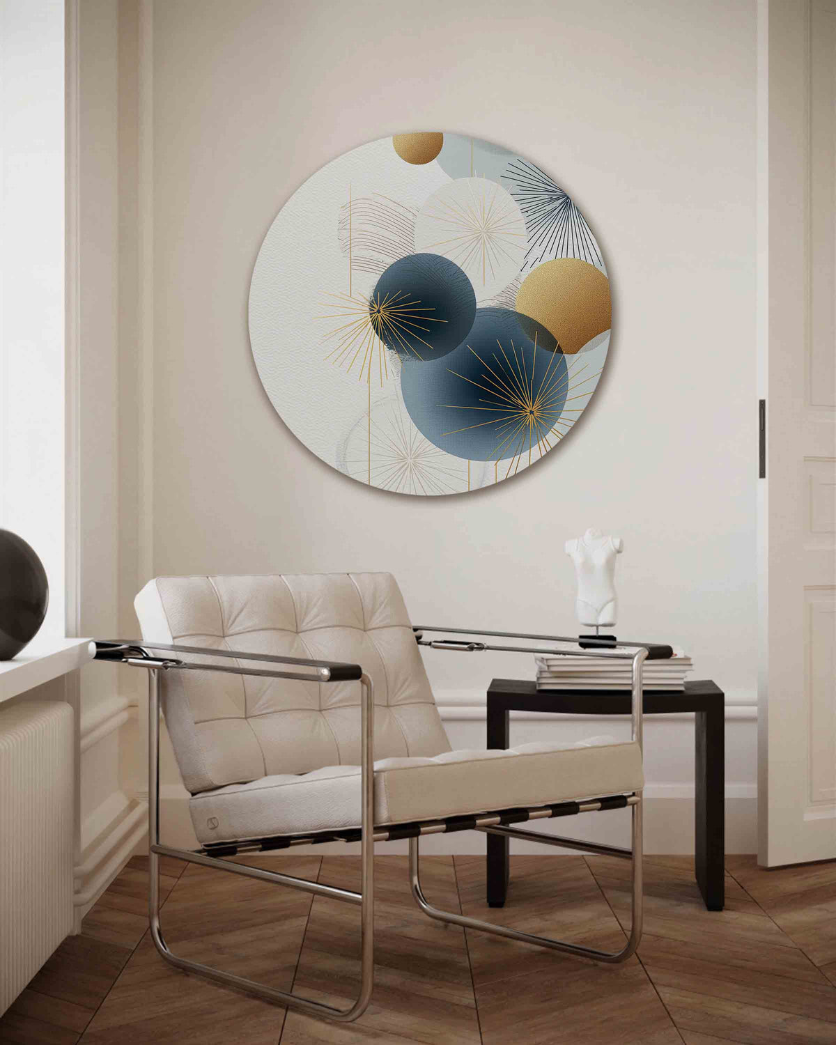 Gouden en blauwe cirkels – vrouwelijk portret muurcirkel als wanddecoratie