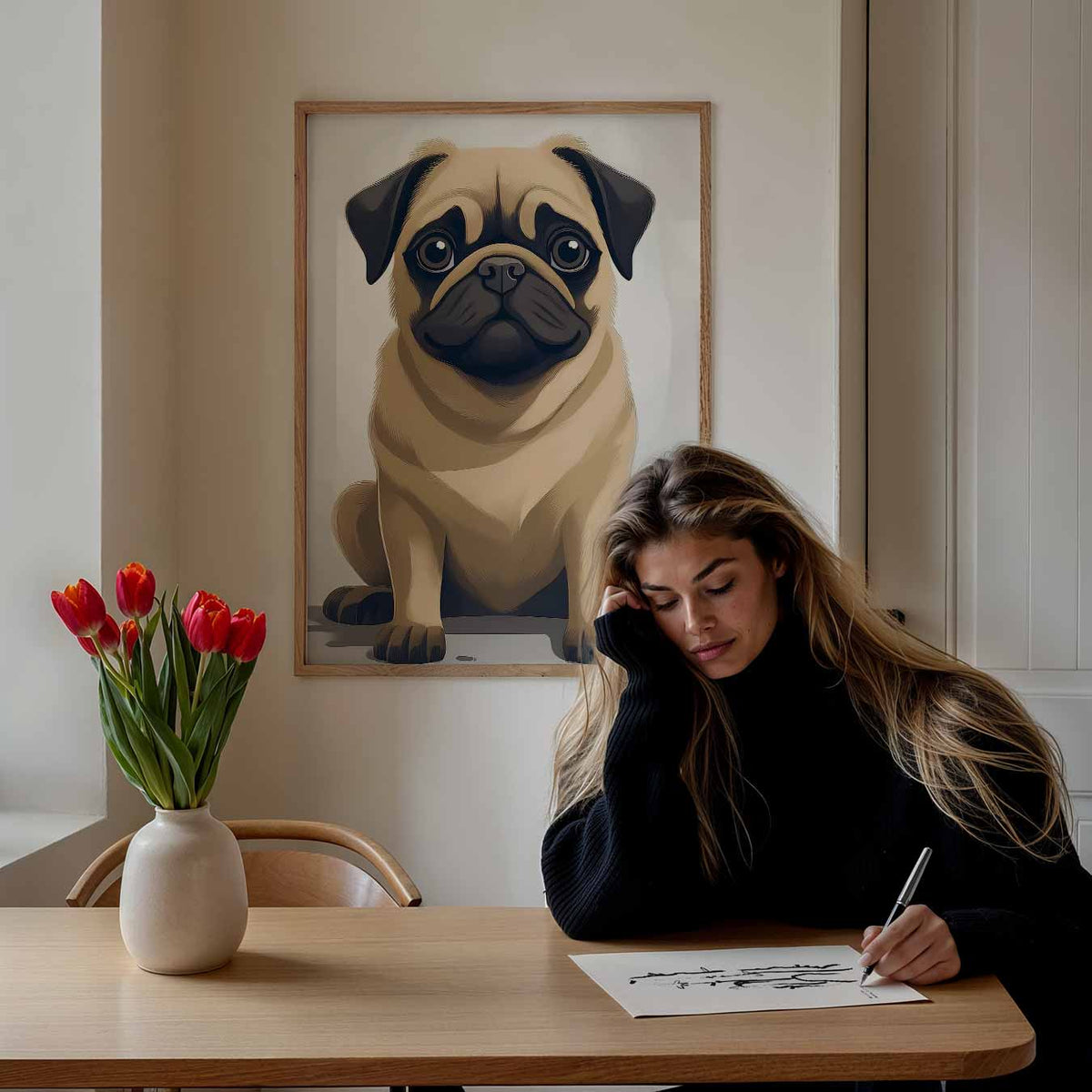 Schattige Mopshond – staande muurposter voor de kinderkamer