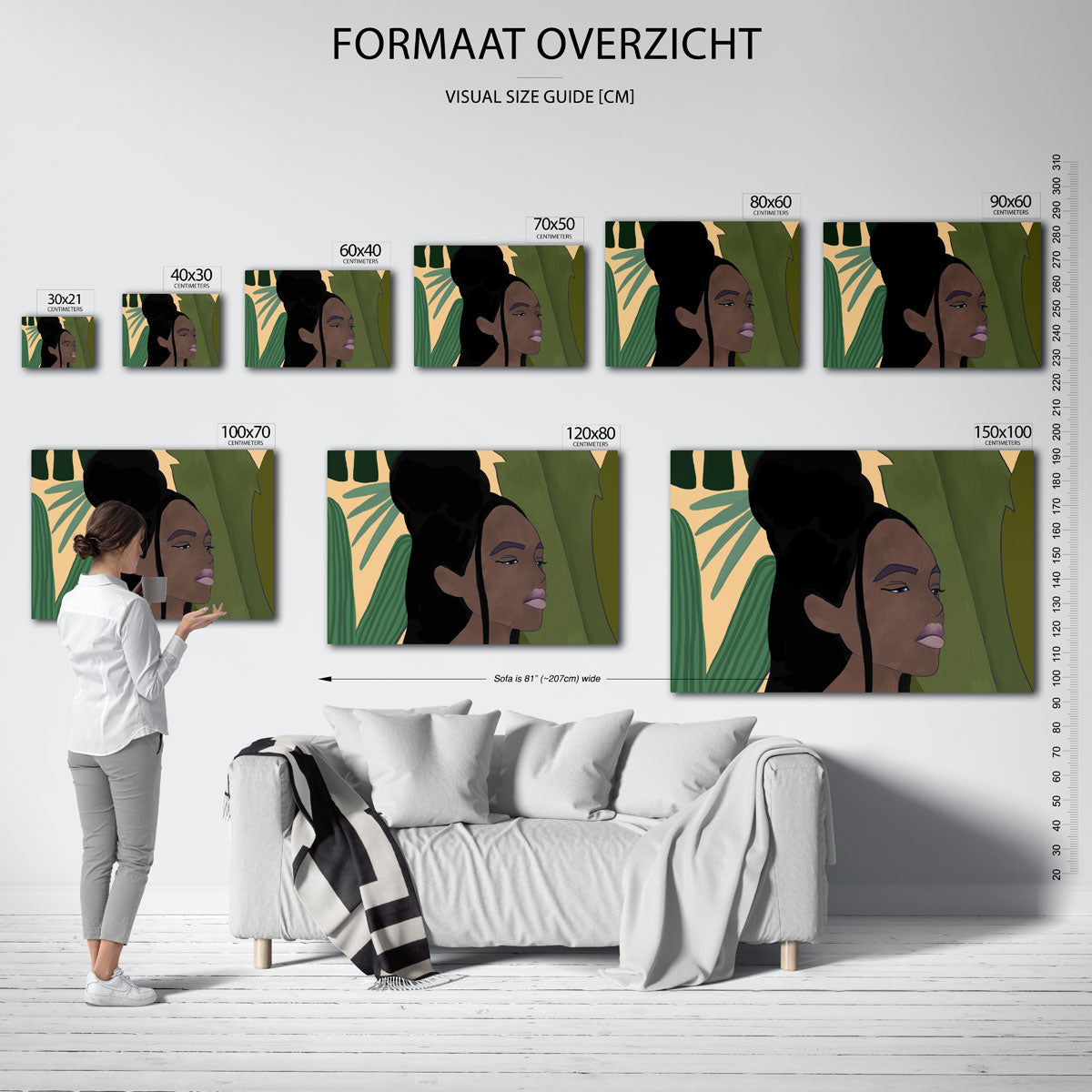 Vrouw met groene bladeren – landscape muurposter met eigentijdse illustratie