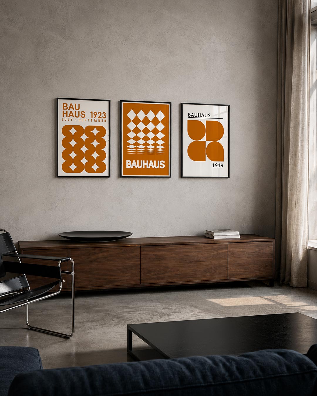 Vorm en ritme posterset – tweede productweergave – deze posterset in drie delen toont een speels lijnenspel van oranje halve