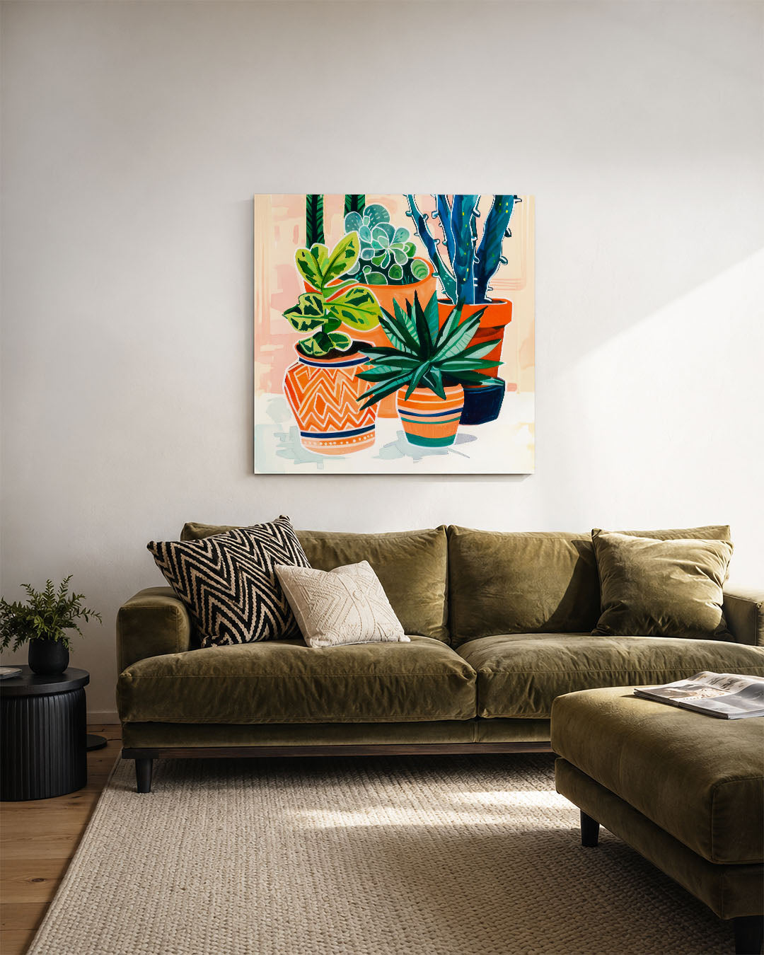 Levendige plantencompositie kunstwerk – derde productweergave – dit werk toont een verzameling kleurrijke planten in potten.
