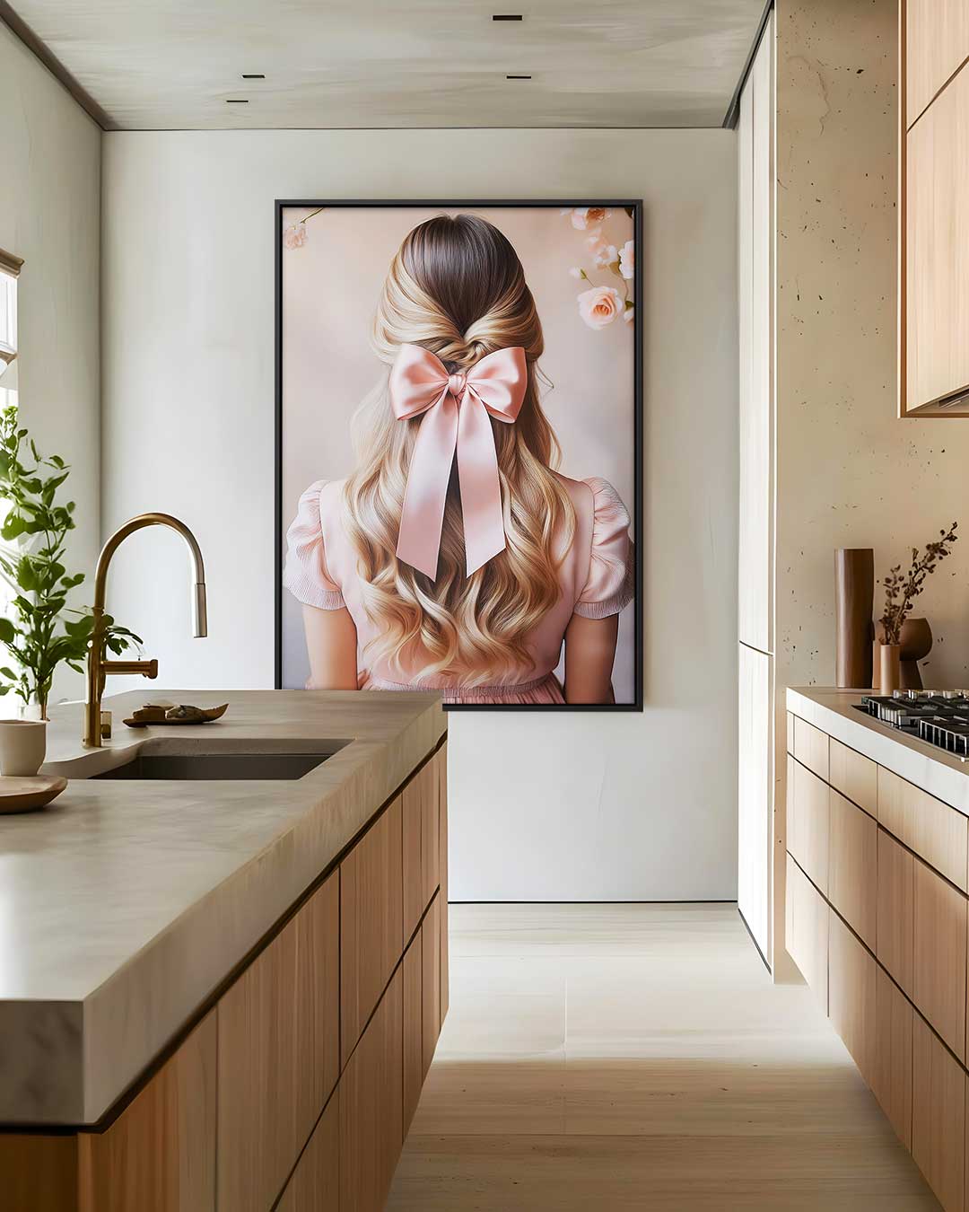 Roze Elegantie in Bloesems – modern portret kunstwerk van WallArtistic