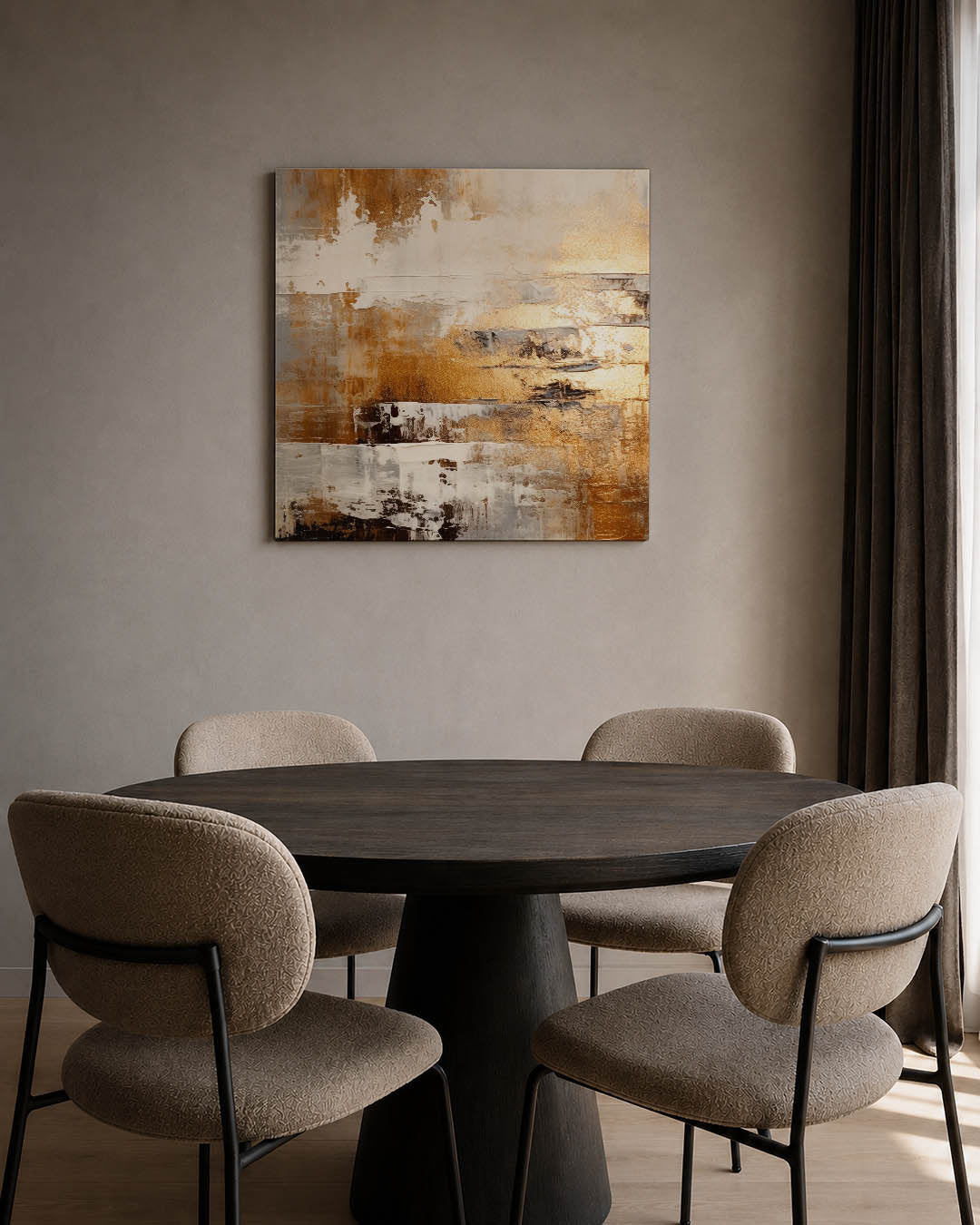 Gelaagde kleurencompositie kunstwerk – tweede productweergave – dit werk toont een dynamische mix van beige, bruin en wit