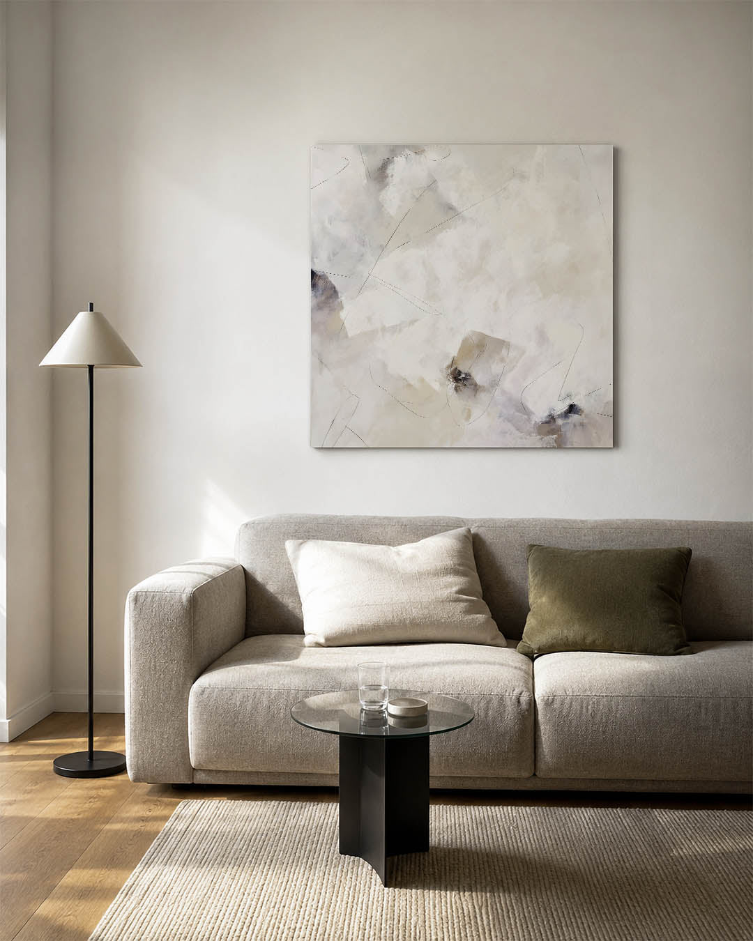 Lichte vormen kunstwerk – vierkante wanddecoratie – dit werk toont een zachte compositie van vloeiende lijnen en subtiele
