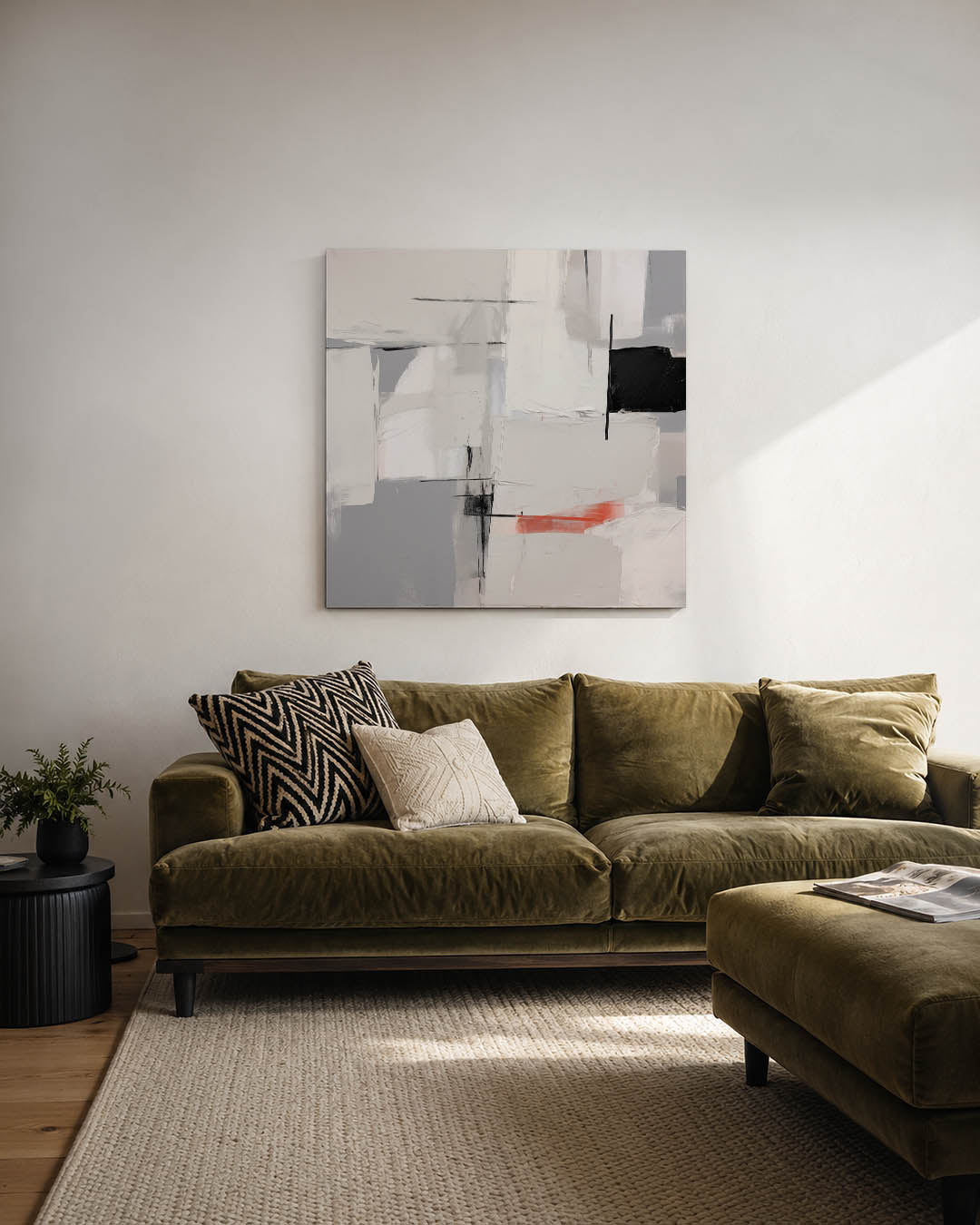 Geometrische vlakken kunstwerk – derde productweergave – dit werk toont een compositie van overlappende rechthoeken en lijnen