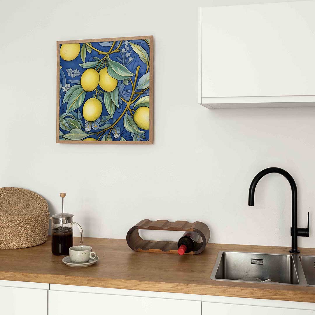 Citroenen op blauwe achtergrond – keukenposter in vierkant formaat