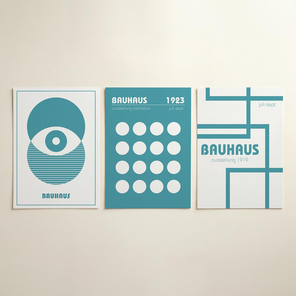 Cirkel en lijnen posterset – detailweergave – deze posterset in drie delen toont een spel van cirkels en lijnen in blauw. De