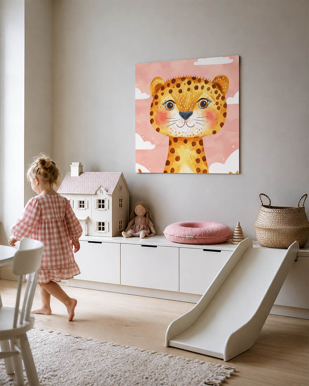 Vrolijke luipaard illustratie kunstwerk – tweede productweergave – een speelse illustratie van een luipaard met grote ogen en