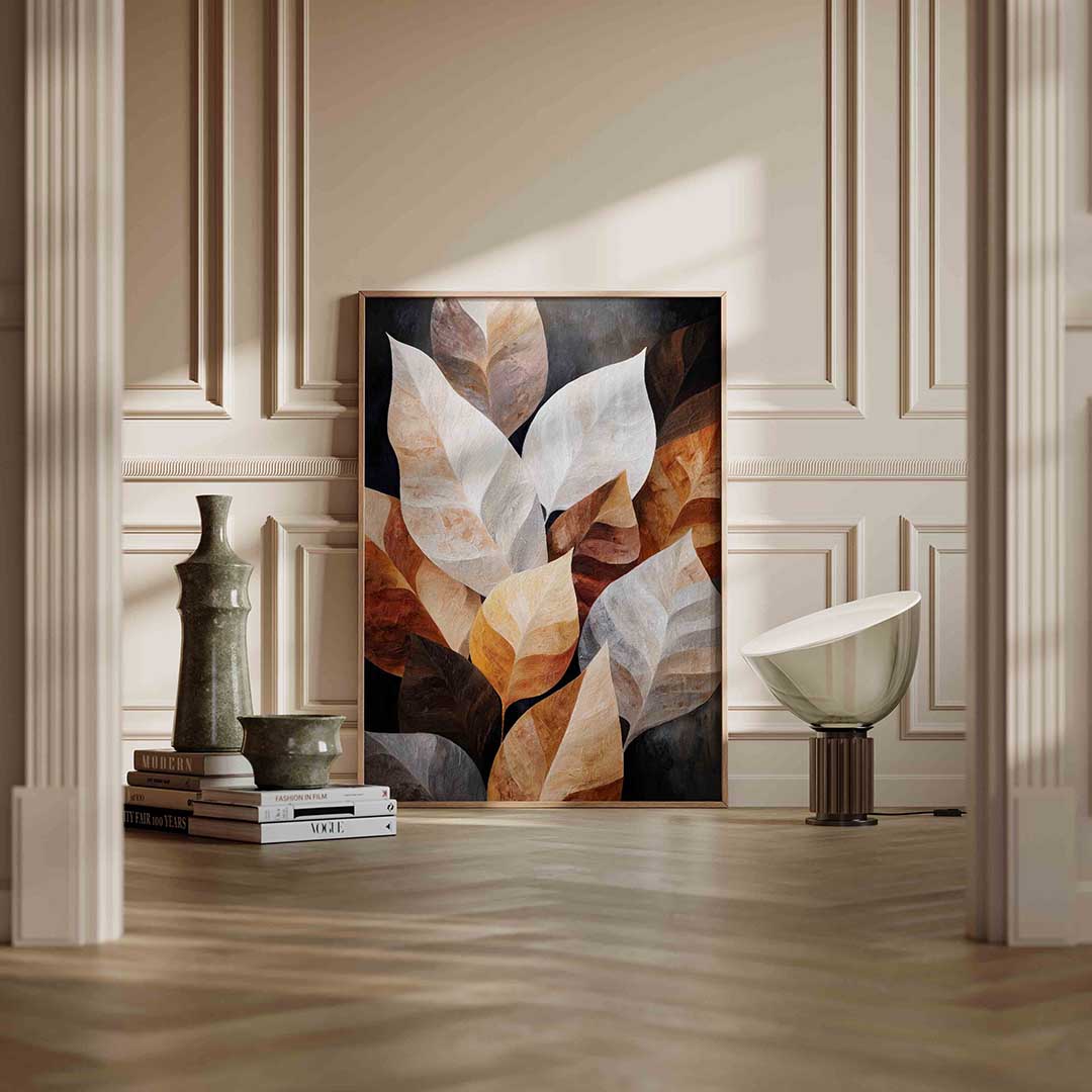 Bladeren in aardetinten – staande abstracte wanddecoratie van WallArtistic