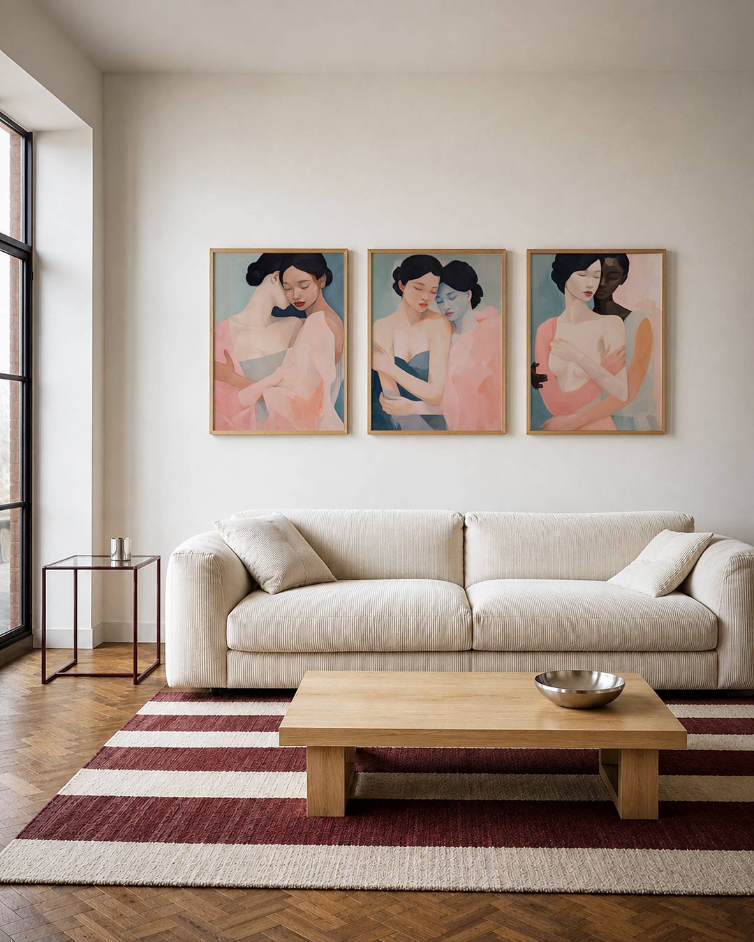 Zachte omhelzing driedelige posterset – twee figuren in een omhelzing, omgeven door zachte pastelkleuren