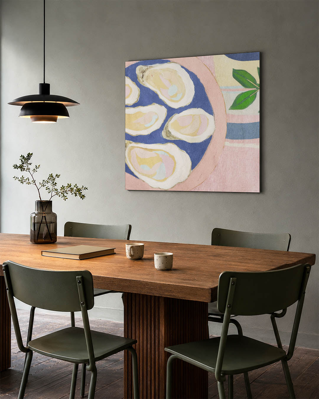 Oesters op tafel kunstwerk – tweede productweergave – dit kunstwerk toont een compositie van oesters op een blauw bord