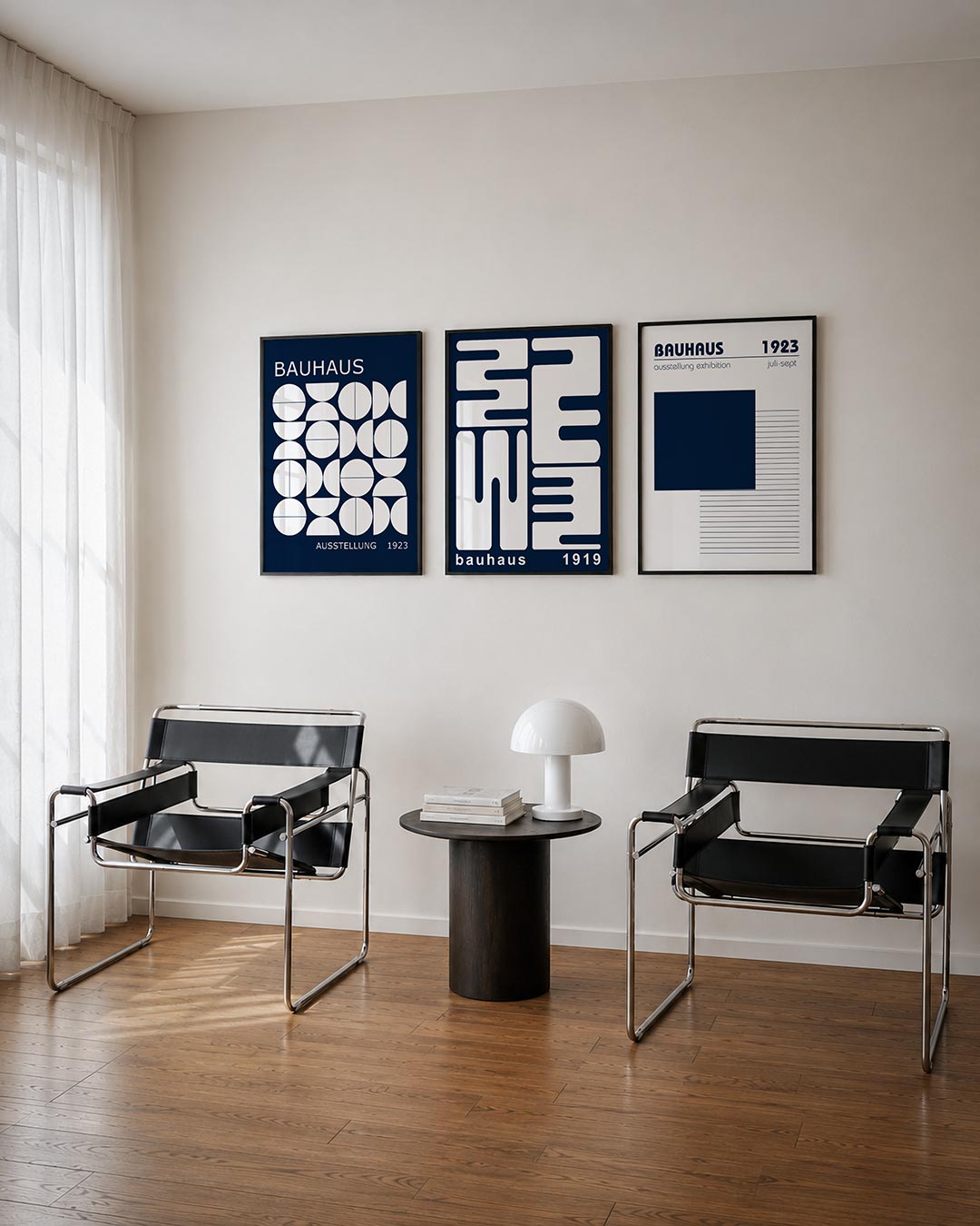 Vorm en balans driedelige posterset – deze posterset in drie delen toont een ritmisch spel van witte cirkels en halve cirkels