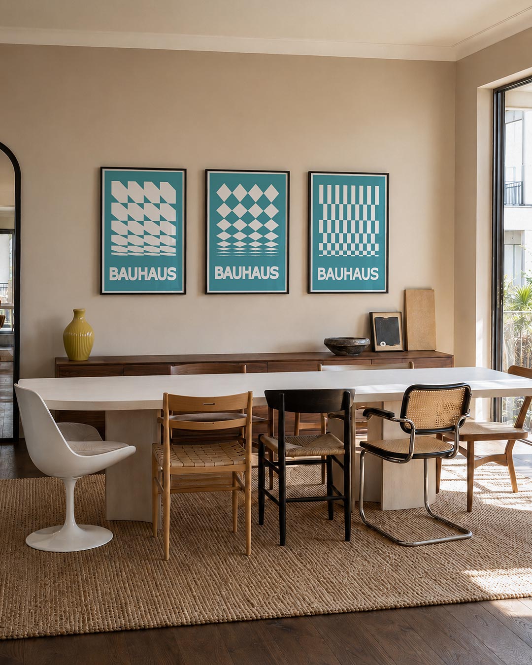 Vorm en ritme driedelige posterset – deze posterset in drie delen toont een dynamisch lijnenspel met witte geometrische