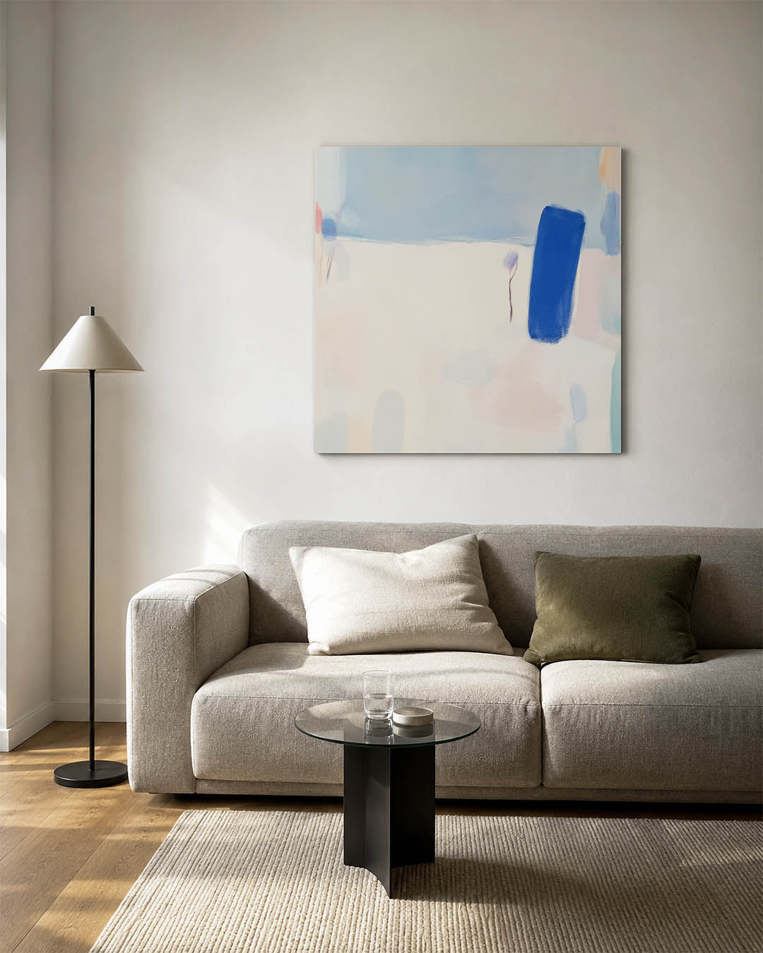 Kleurrijke vormen kunstwerk – vierkante wanddecoratie – dit kunstwerk toont een compositie van zachte kleuren en vloeiende