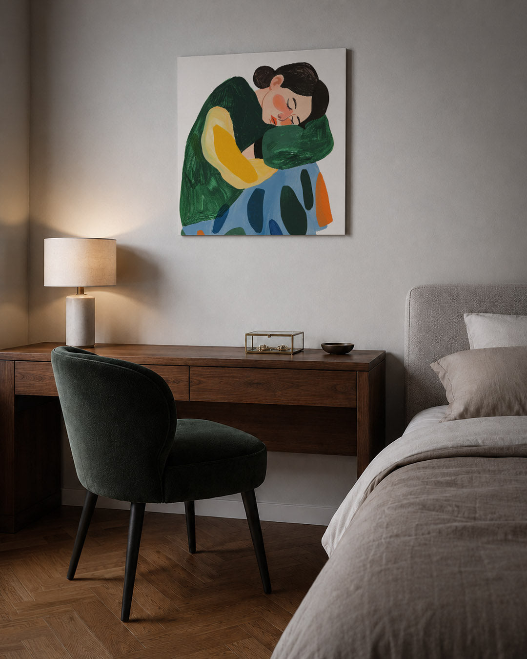Dromerige vormen kunstwerk – sfeerbeeld – dit kunstwerk toont een figuur in rust, omgeven door vloeiende vormen en levendige