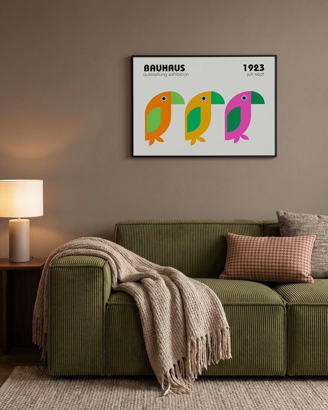 Vogels en kleurvlakken – geometrische Bauhaus poster in liggend formaat