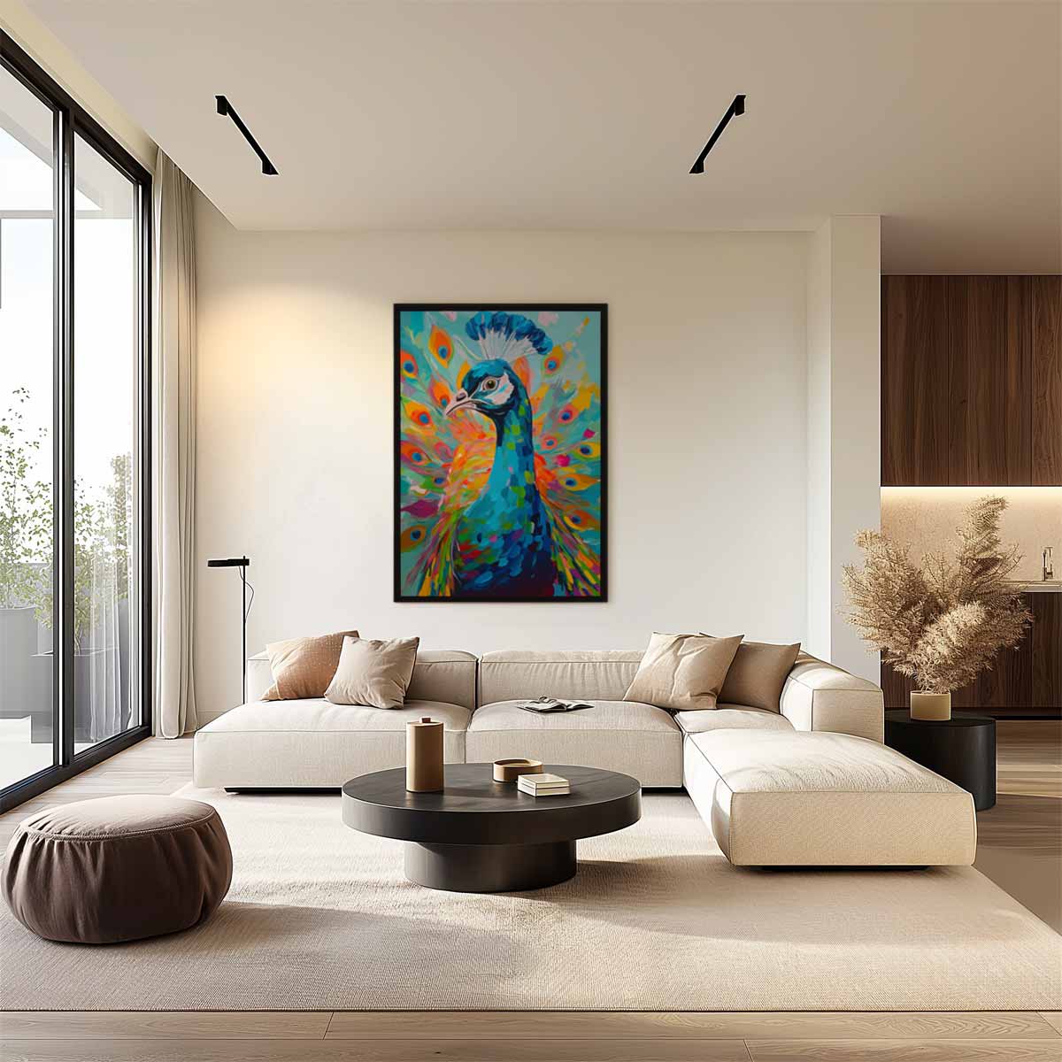 Kleurrijke Pauw in Volle Glorie – staand kunstwerk voor modern interieur