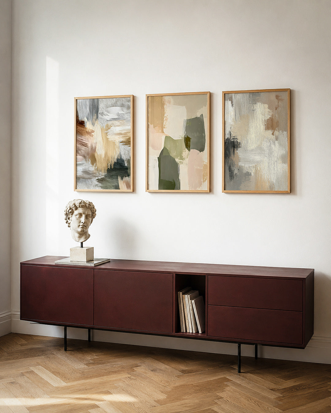 Kleurvlakken harmonie posterset – tweede productweergave – deze posterset in drie delen toont vloeiende penseelstreken