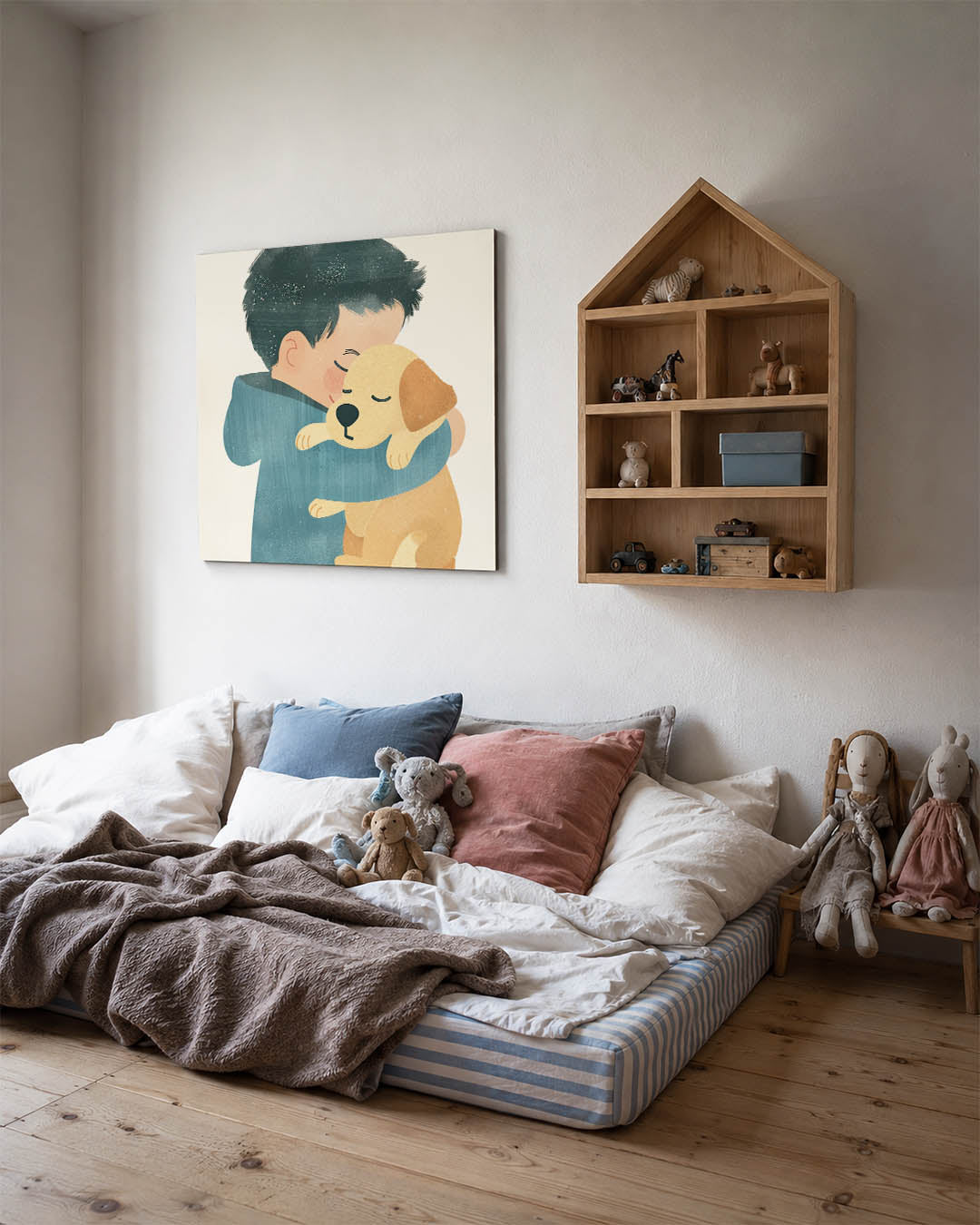 Knuffelende vrienden kunstwerk – derde productweergave – dit kunstwerk toont een kind dat een hond omarmt. De zachte lijnen