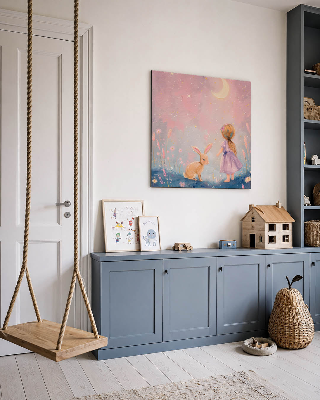 Dromerig kind en konijn kunstwerk – vierkante wanddecoratie – een kind in een paarse jurk en een konijn kijken naar een