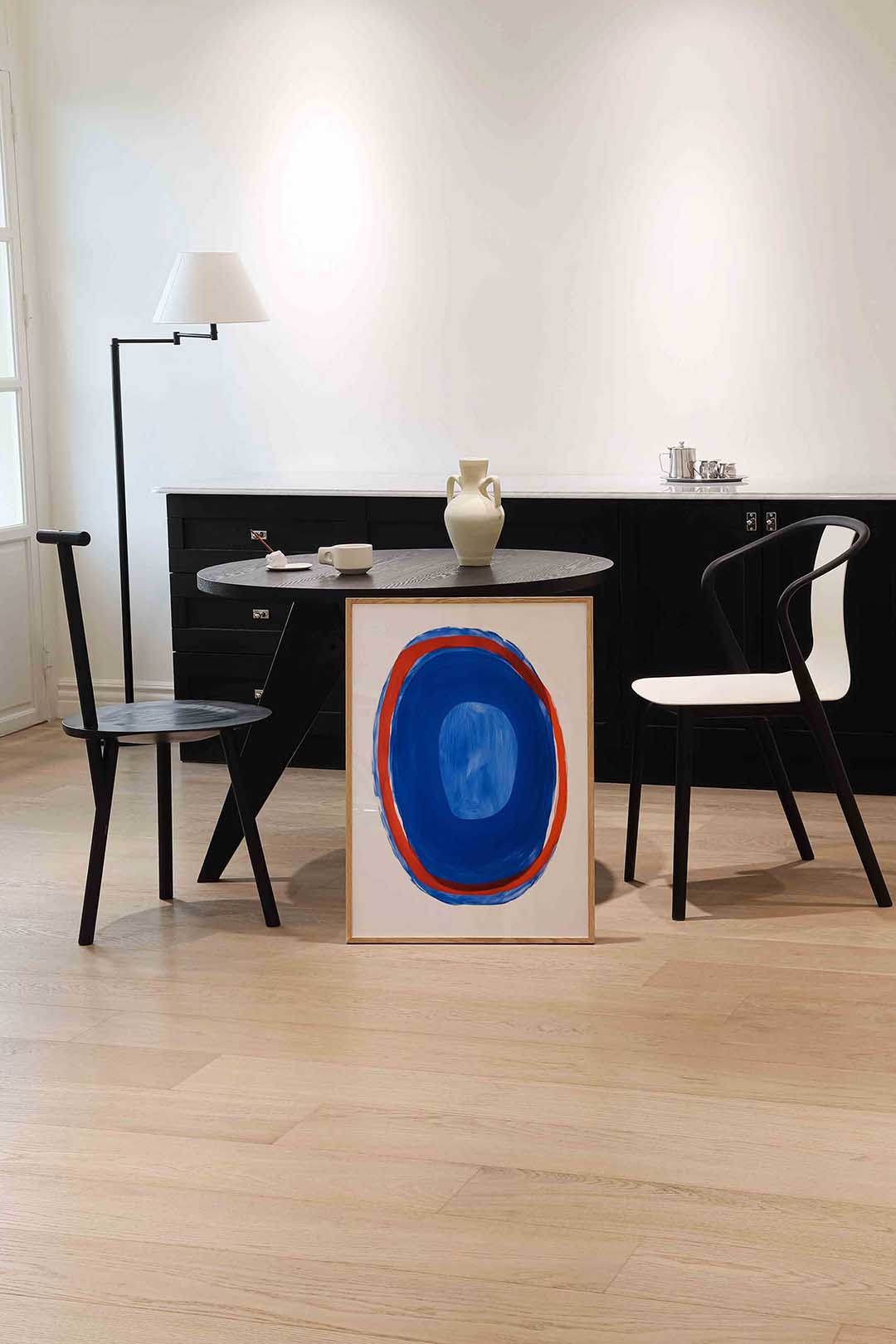 Blauwe en rode cirkel – moderne wandkunst als portret poster