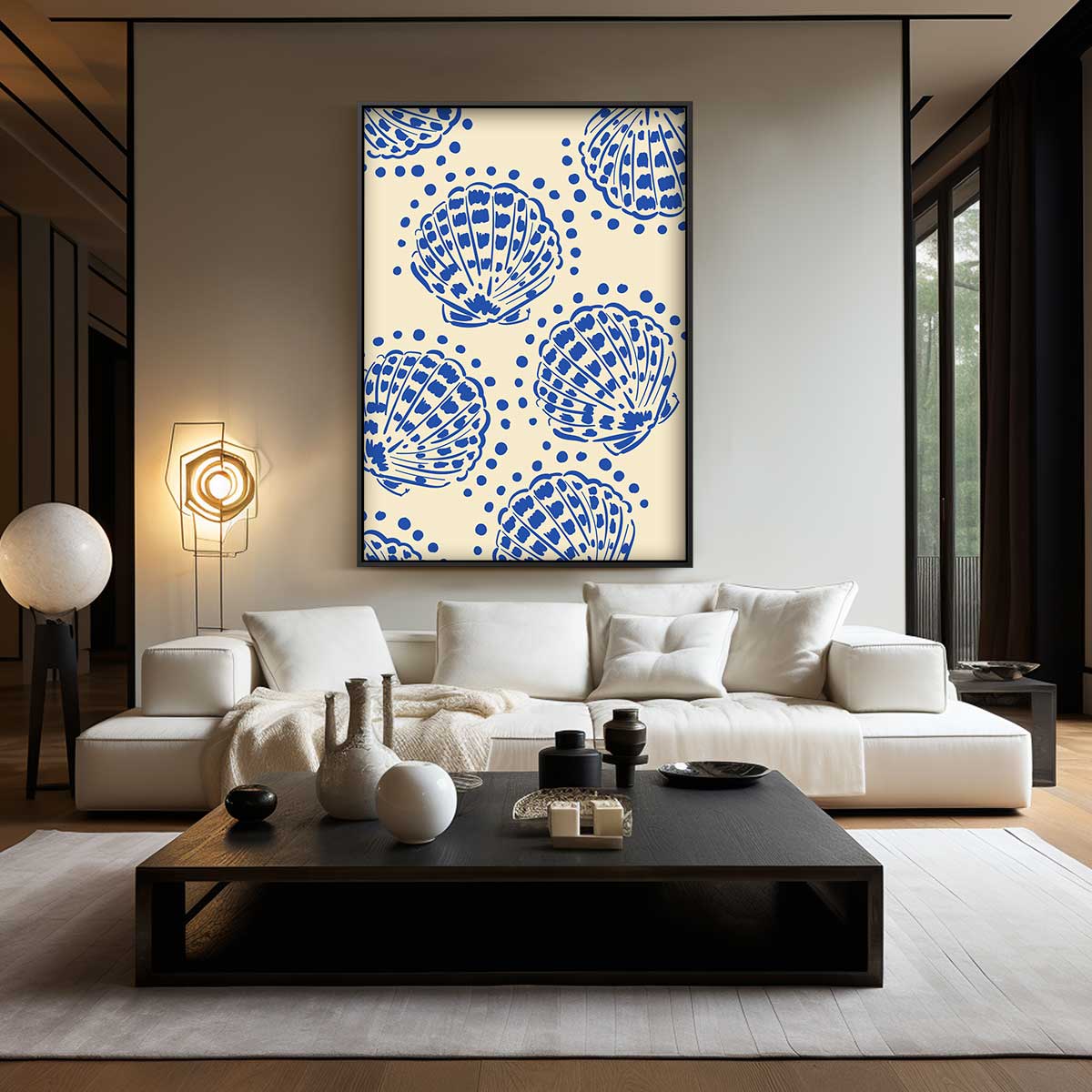 Blauwe Schelpenpatroon – kunstwerk met zwarte baklijst
