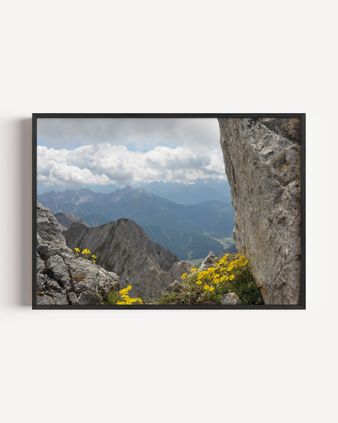 Berglandschap met bloemen poster – liggende wanddecoratie – deze poster toont een indrukwekkend berglandschap met ruige