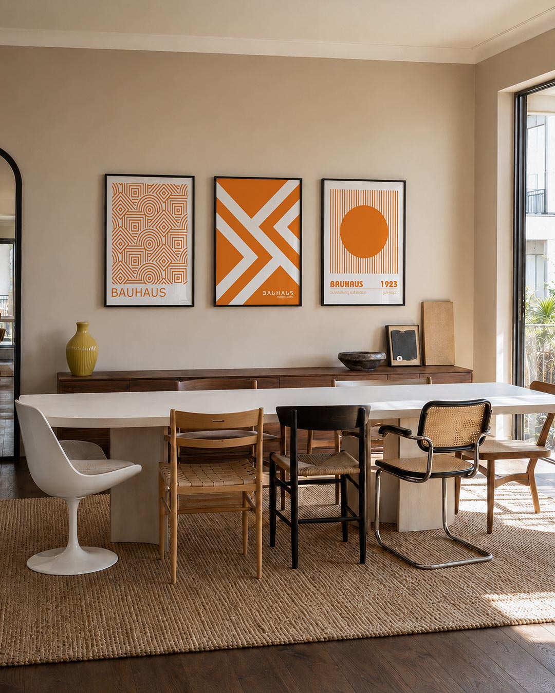 Oranje lijnenspel posterset – tweede productweergave – deze posterset in drie delen toont een levendig patroon van oranje