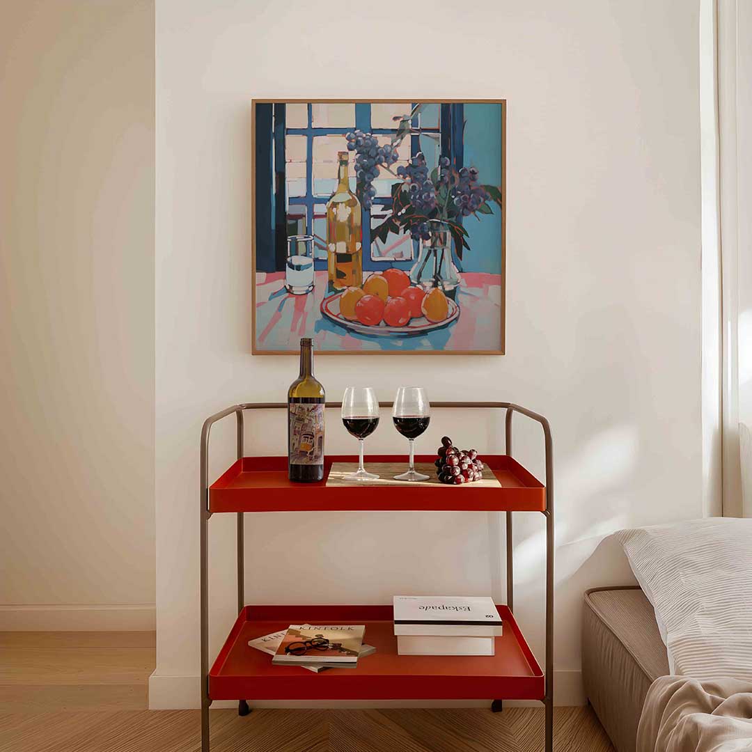 Stilleven met fruit en fles – vierkante keuken wanddecoratie van WallArtistic