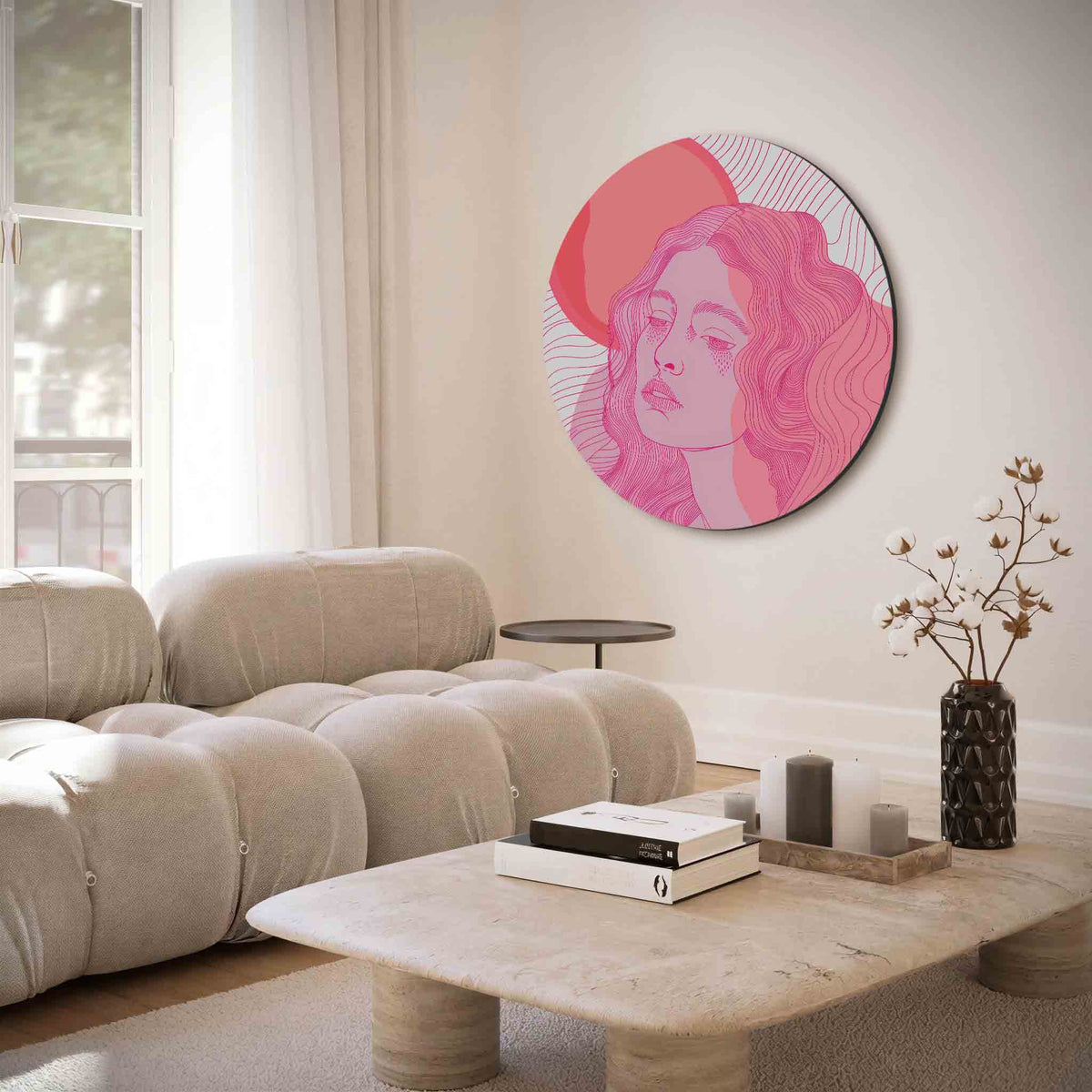 Vrouwelijk portret – muurcirkel met abstracte texturen voor aan de muur