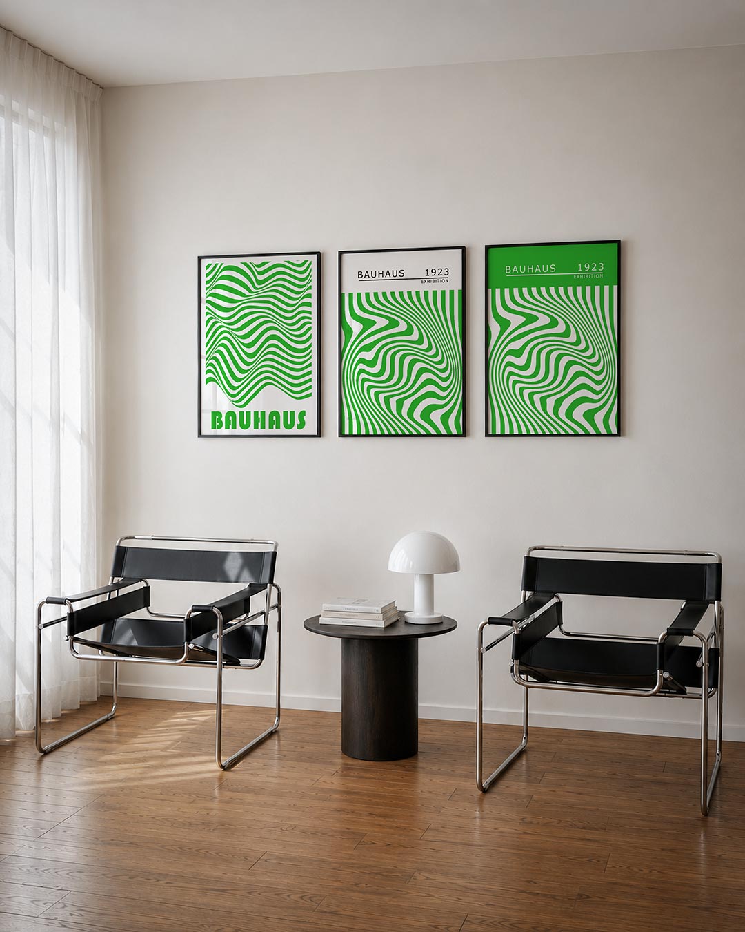 Golvend lijnenspel posterset – tweede productweergave – deze posterset in drie delen toont groene golvende lijnen die