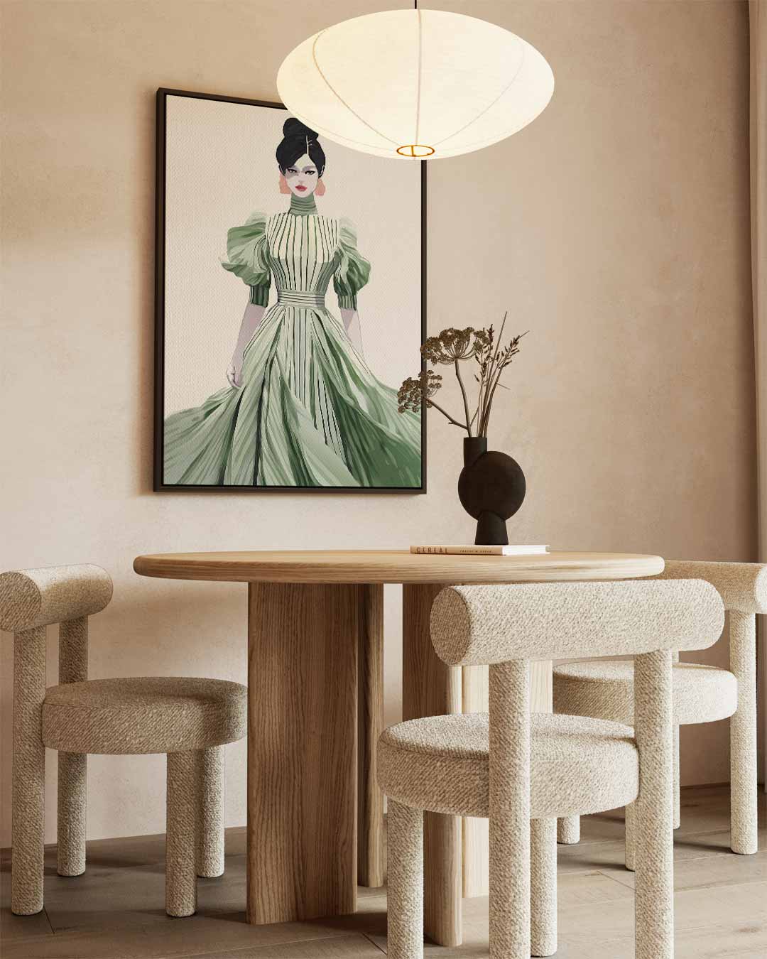 Elegante Mode Illustratie van Vrouw in Groene Jurk – kunstwerk met zwarte baklijst