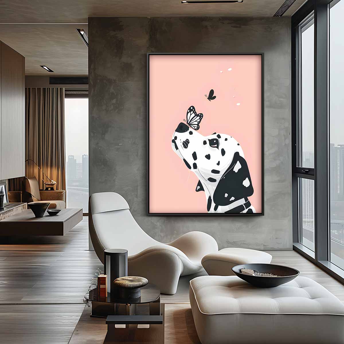 Dalmatier en Vlinder op Zachtroze – staande wandkunst voor woonkamer of interieur