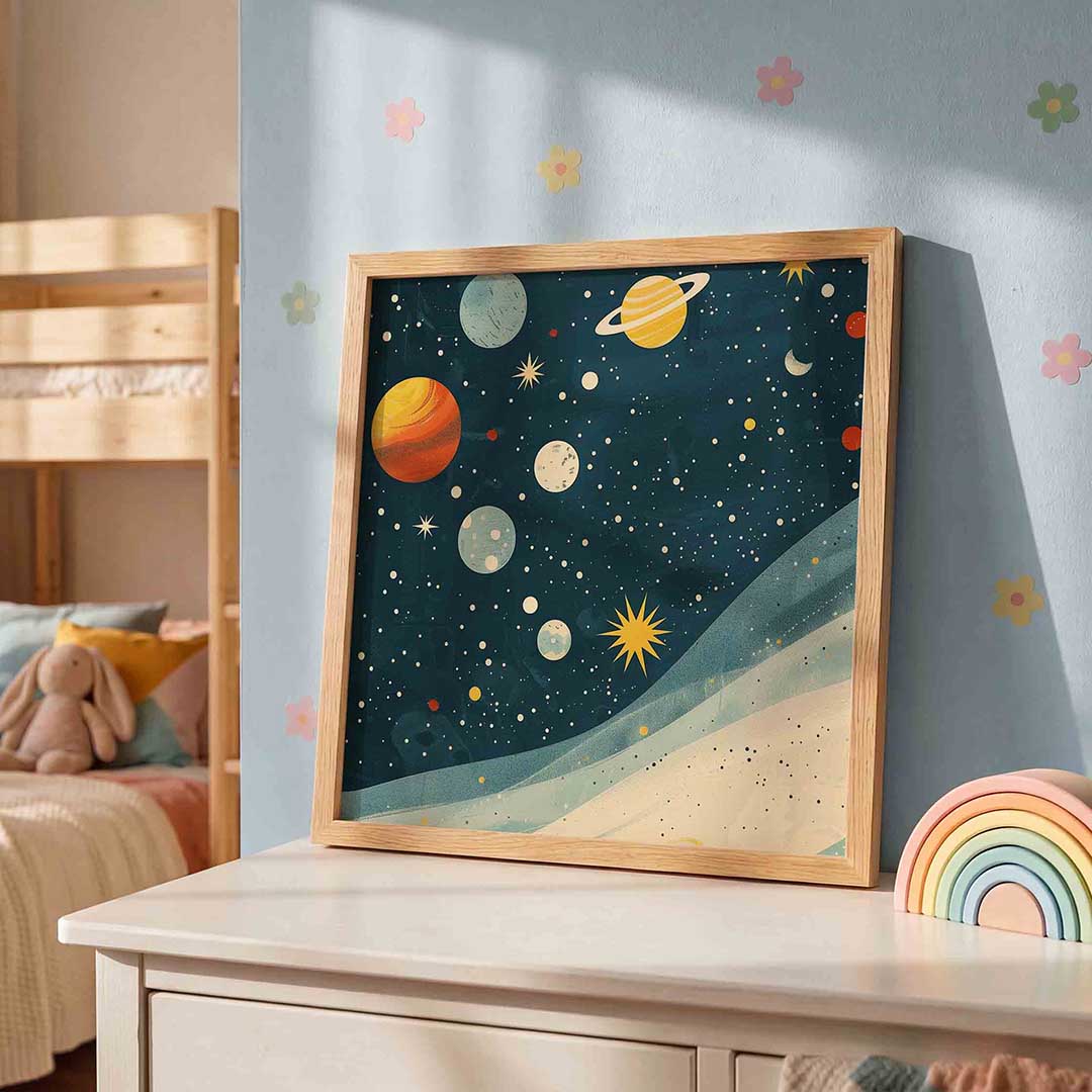 Planeten en sterren – speelse wandkunst als vierkante kinderposter