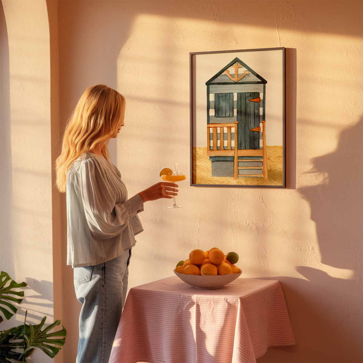 Strandhuisje Blauw – zeedierenposter als moderne staande wanddecoratie