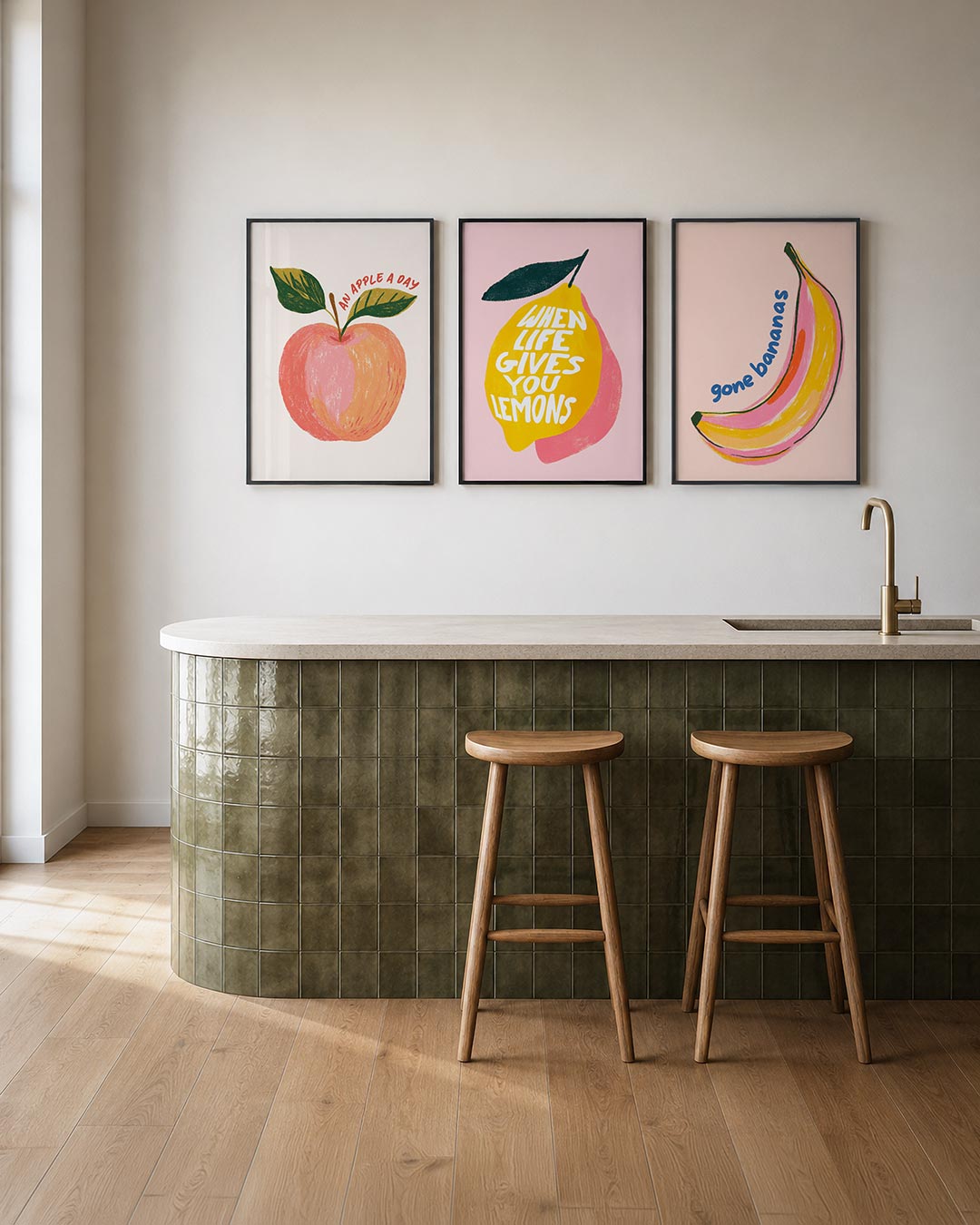 Fruitige kleurvlakken posterset – tweede productweergave – een speelse appel met groene bladeren en warme tinten