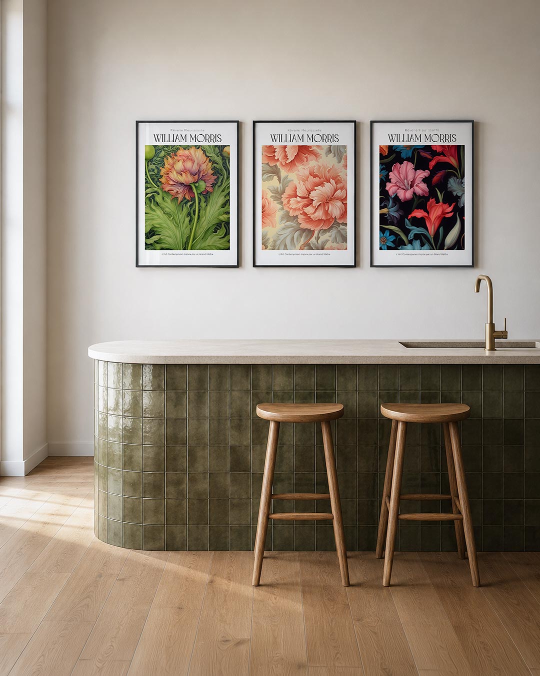 Bloem en blad posterset – tweede productweergave – een levendige bloem met golvende oranje en roze blaadjes,