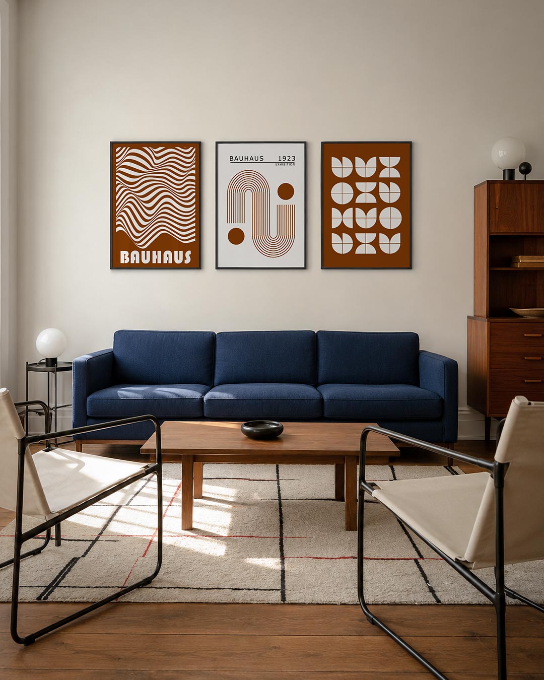 Golvend lijnenspel driedelige posterset – deze posterset in drie delen toont vloeiende, bruine golven op een witte